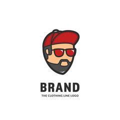 Cool young hipster street boy clothing line brand logo with smiling boy with beard wears blue snapback and shade glasses in cartoon style