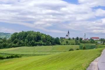 Fototapeta na wymiar Green fields with church and few houses in background.