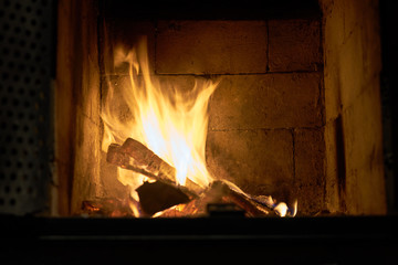 Logs are burning in fireplace. Copy space.  