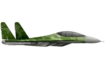 fighter, interceptor flying with pixel summer camouflage with fictional design - isolated object on white background. 3d illustration