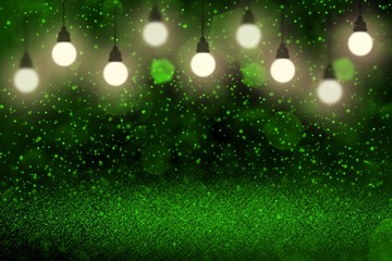 green fantastic shiny glitter lights defocused light bulbs bokeh abstract background with sparks fly, festal mockup texture with blank space for your content