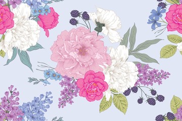 Botanical seamless pattern with pink,white,blue flowers and blueberries. Vector illustration. 