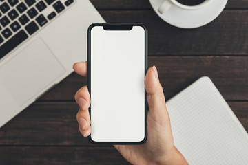 Hand holding smartphone with big blank screen