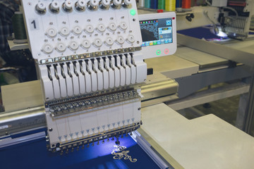 Professional overlock sewing machine in workshop. Equipment for edging, hemming or seaming clothes