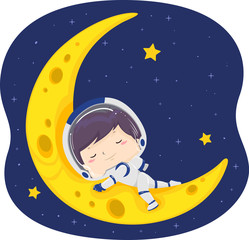 Kid Boy Astronaut Moon Sleep Illustration