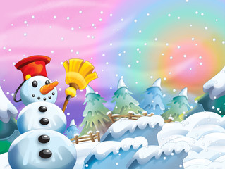 Fototapeta na wymiar Cartoon winter nature scene with happy snowman - illustration for children