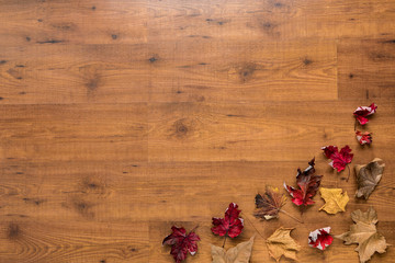 Fototapeta na wymiar Autumn leaves on wooden background with space for text