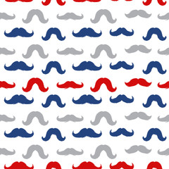 Moustaches Seamless Patterns for November Holiday Wrapping Paper. Vector Red, Blue and Grey Mustache Silhouettes for Fabric Textile Design. Cinco de Mayo, Vintage Mustaches Carnival Design.