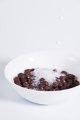 A plate with chocolate balls and milk.