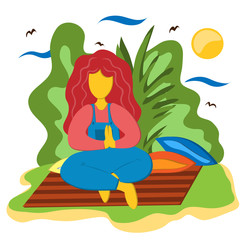 A girl sits in a lotus position and practices yoga on a rug in the garden. Illustration in flat style.