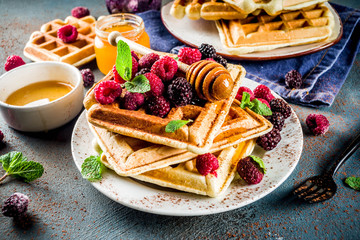 Homemade belgian waffles with berries and honey, on dark blue background copy space