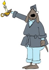 Dog wearing a robe and holding a candle