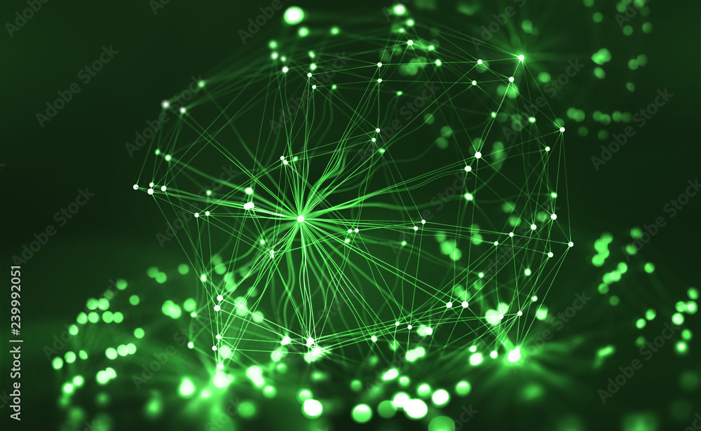 Leinwandbilder Artificial Neural Network. Big Data concept. Artificial intelligence in the technology of the future. 3D illustration of a polygonal mesh with bright flashes. Bokeh effect