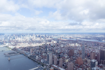aerial view of new york city skyscrapers and cloudy sky, usa