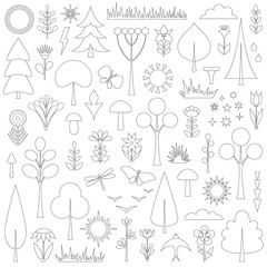 Set of forest elements in outline style. Vector linear icons of plants.