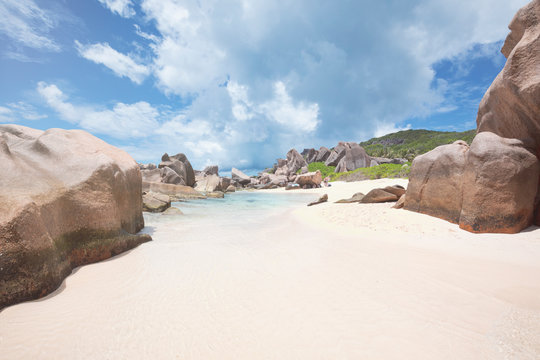 Seychelles, La Digue, Anse Marron with granite rocks