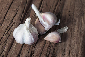 garlic on a wooden table close-up