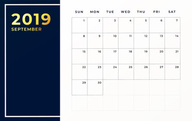 September 2019 schedule template. Week starts on sunday empty calendar month.