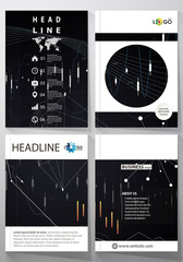 Business templates for brochure, flyer, annual report. Cover design template, vector layout in A4 size. Abstract infographic background with lines, symbols, diagrams and other elements.
