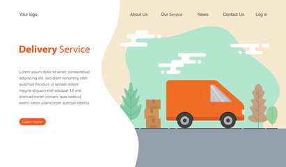 Website template design for delivery service company. Van and cardboard boxes with fragile signs.