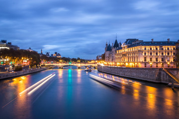 Long exposure Seine river in Paris at the blue hour