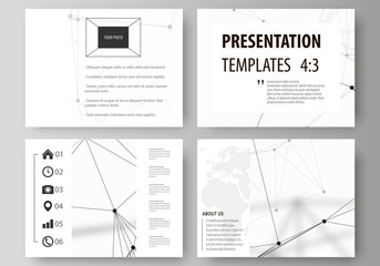 Set of business templates for presentation slides. Easy editable abstract vector layouts in flat design. Geometric blue color background, molecule structure, science concept. Connected lines and dots.