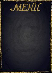 Golden menu of restaurant on black chalkboard background