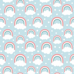 Clouds Rainbows and Stars Cute Seamless Pattern, Cartoon Vector Illustration, Nursery Background for Kid