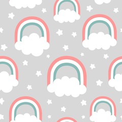 Clouds Rainbows and Stars Cute Seamless Pattern, Cartoon Vector Illustration, Nursery Background for Kid