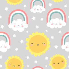 Clouds Rainbows and Stars Cute Seamless Pattern, Cartoon Vector Illustration, Nursery Background for Kid