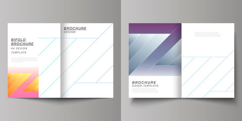 Fototapeta premium The vector layout of two A4 format modern cover mockups design templates for bifold brochure, magazine, flyer, booklet, annual report. Creative modern cover concept, colorful background.