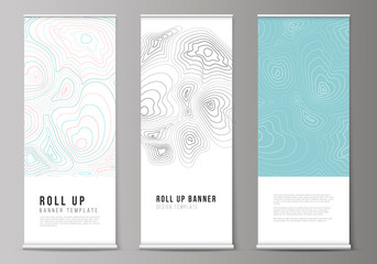 The vector illustration of the editable layout of roll up banner stands, vertical flyers, flags design business templates. Topographic contour map, abstract monochrome background.