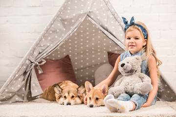 adorable child with welsh corgi dogs and teddy bear in wigwam at home © LIGHTFIELD STUDIOS