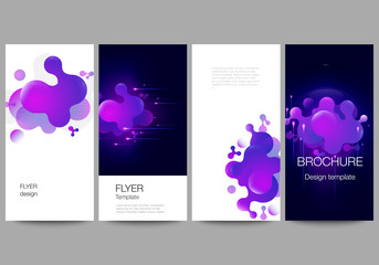 The minimalistic vector illustration of the editable layout of flyer, banner design templates. Black background with fluid gradient, liquid blue colored geometric element.