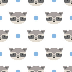 raccoon cute seamless pattern, cartoon background, vector illustration