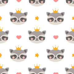 raccoon cute seamless pattern, cartoon background, vector illustration
