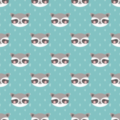 raccoon cute seamless pattern, cartoon background, vector illustration