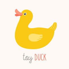 Toy Duck flash card. Kids Wall Art. First word flashcard. Nursery first words poster wall art. Playroom decor. Yellow rubber toy duck. Cartoon clipart eps 10 illustration isolated on white background.