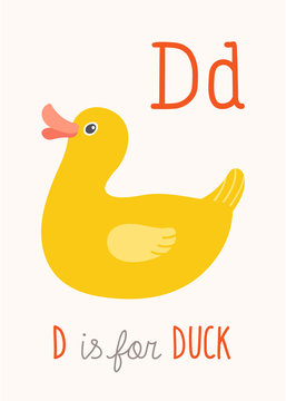 ABC Kids Wall Art. Toy Alphabet Card. Nursery alphabet poster wall art. Playroom decor. D is for Duck. Yellow rubber toy duck. Cartoon clipart eps 10 illustration isolated on white background.