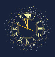 Happy New Year 2019, vector illustration Christmas background with clock showing year
