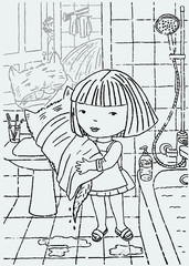 Vector drawing of a little girl with her cat in a bathroom