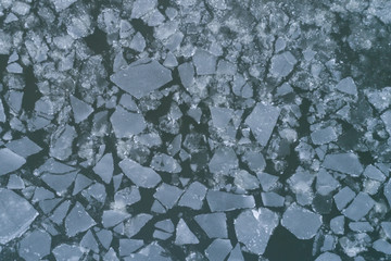 Texture of broken blue ice and dark water at winter. Spring is coming. Aerial view of the frozen surface.	