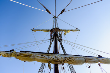 Sails and ropes of the main mast of a caravel ship, Santa María Columbus ships
