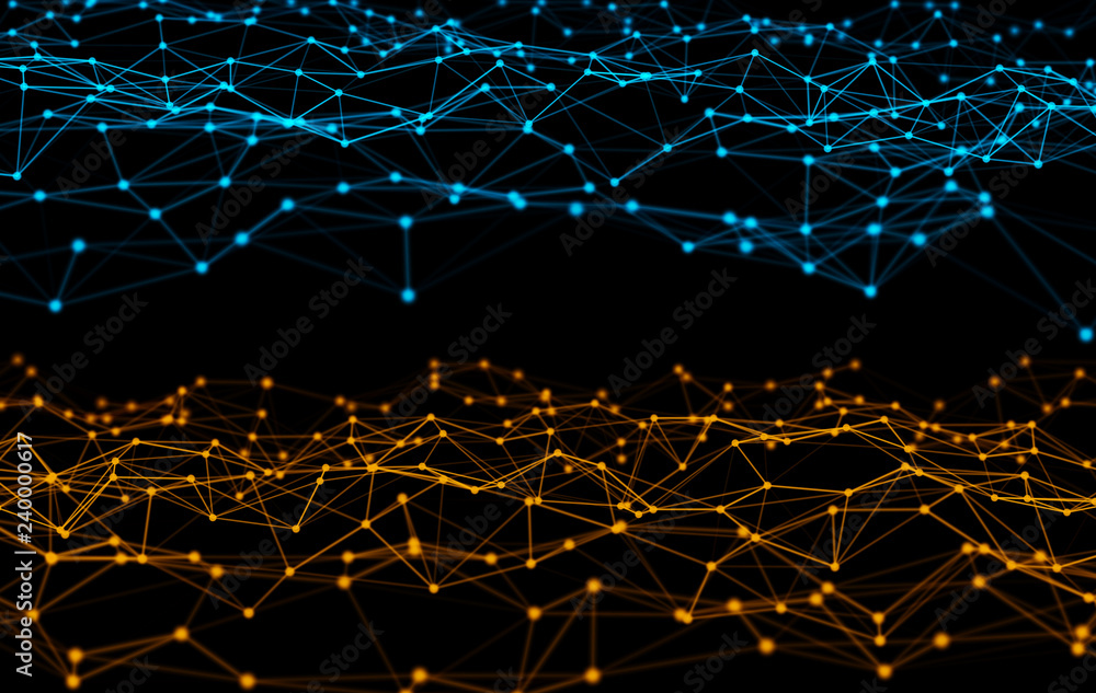 Poster digital data and network connection triangle lines and spheres in futuristic technology concept on b