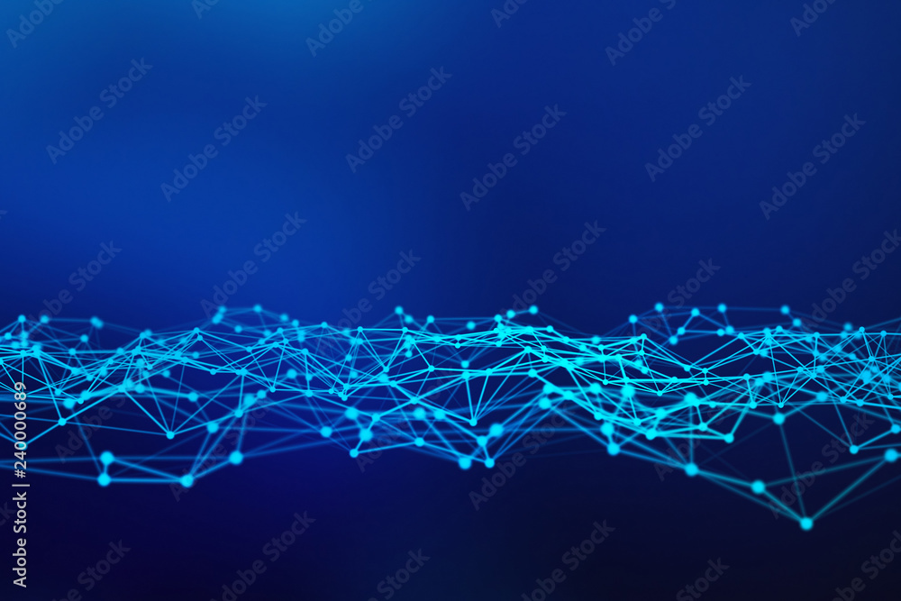 Poster digital data and network connection triangle lines and spheres in futuristic technology concept on b