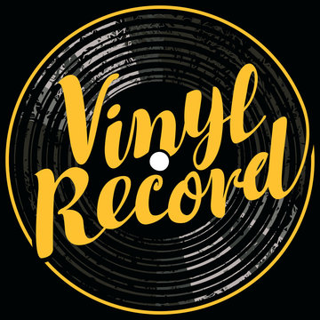 Vector poster or cover with vinyl record and yellow calligraphic lettering in retro style on the black background