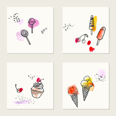 Set of hand drawn ink and watercolor cards with sweet dessert drawings. cupcake, ice cream cone, popsicles, lollypops, cherries with abstract textures