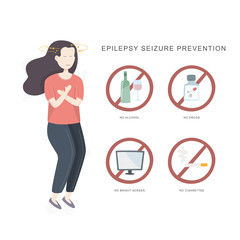 Epilepsy seizure pervention. Illustration of woman having seizure and set of icons how to avvoid epilepsy seizure.