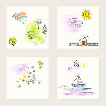 Set of hand drawn ink and watercolor cards with nature drawings