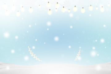 Christmas and New Year background with ribbon and light garlands, snowflakes and snowdrift. Flat vector illustration EPS10